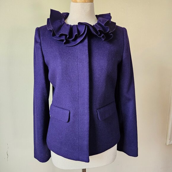 Boden Cashmere/Wool Royal Purple Ruffle Collar Jacket Blazer Lagenlook 12UK/8US - Picture 1 of 10